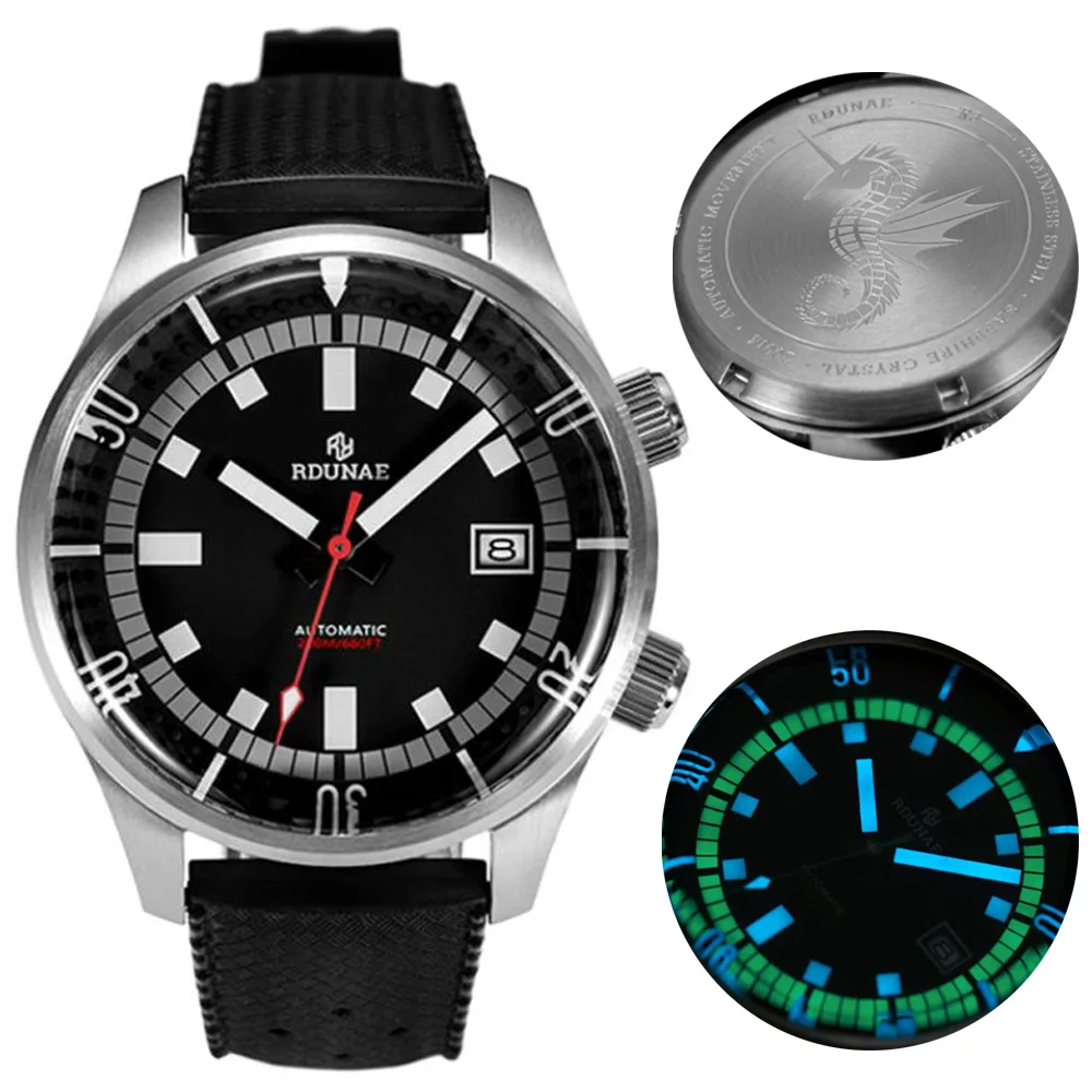 

Rdunae Retangula NH35 Mechanical Watch Diver Watches 200m Waterproof 316L Steel Men's Business Wristwach Rubber Strap 43mm Black