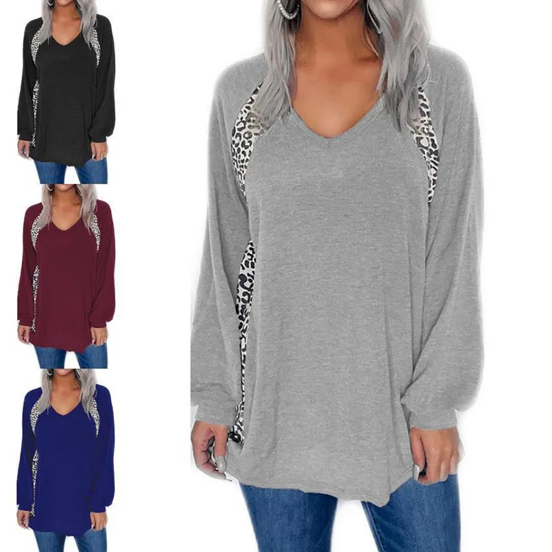 

Fashion Leopard Patchwork Women's T Shirts Tops 2022 Spring Autumn V Neck Long Sleeve Casual Loose solid Ladies T Shirts Basic