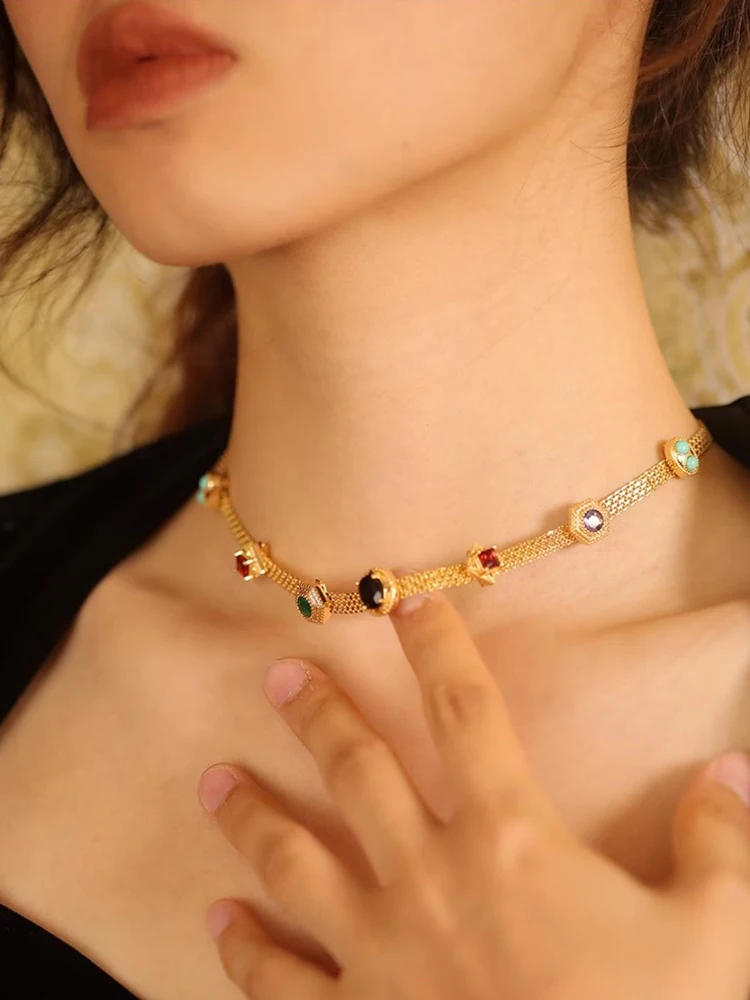 Женское винтажное ожерелье из меди золотистого цвета в стиле ретро с цветными