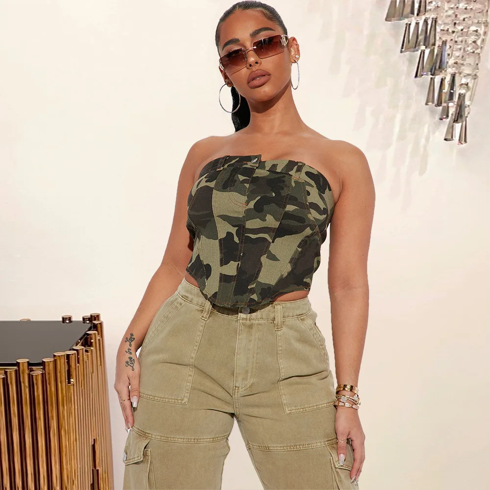 

Fashion Cool Women Camouflage Tubes Top Slim Camo Corset Tops Strapless Off Shoulder Bustiers Y2K Military Back Zipper Crop Tops