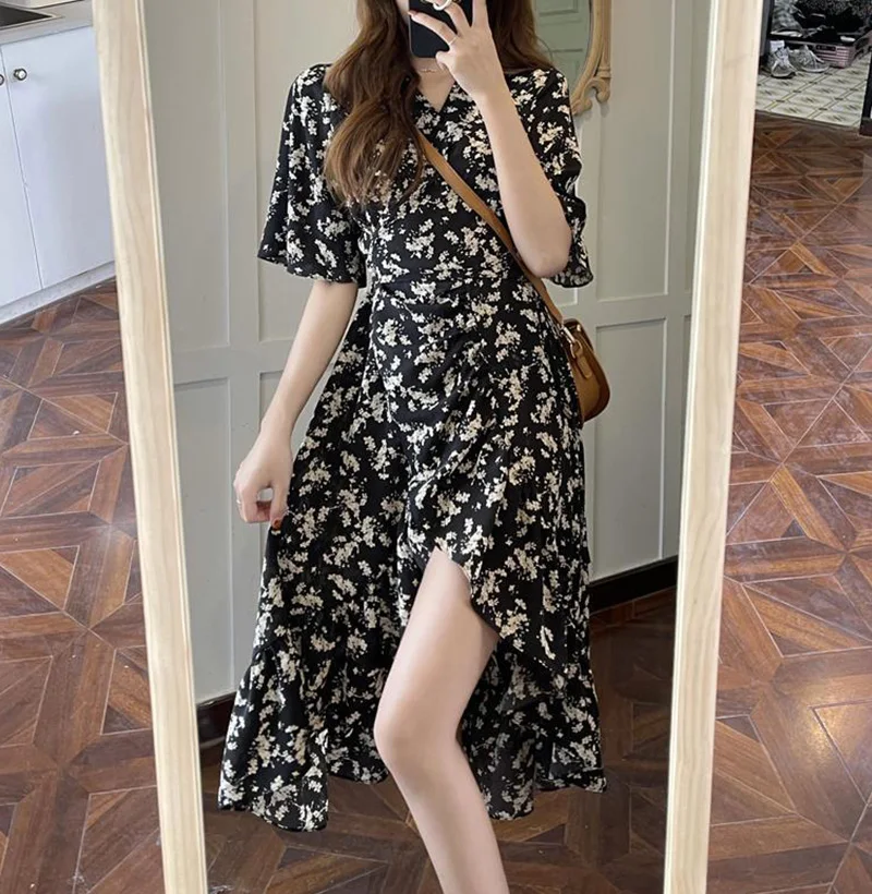 Black Print Boho Wrap Dress Midi Long Chiffon Summer Beach Split Vestidos Elegant Midi Women's Floral V-Neck Ruffles Dresses