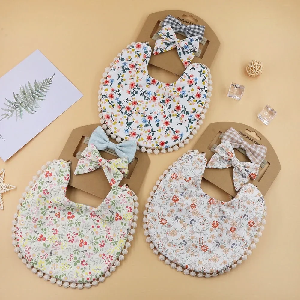 

3Pcs Baby Bibs Bows Headbands Cotton Floral Print Lace Burp Cloths Double Sides Suitable Bib Stuff Newborns Baby Accessories
