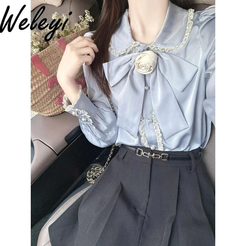 Темпераментная рубашка с бантом и камелией топ Ropa Mujer весенне-осенняя уличная