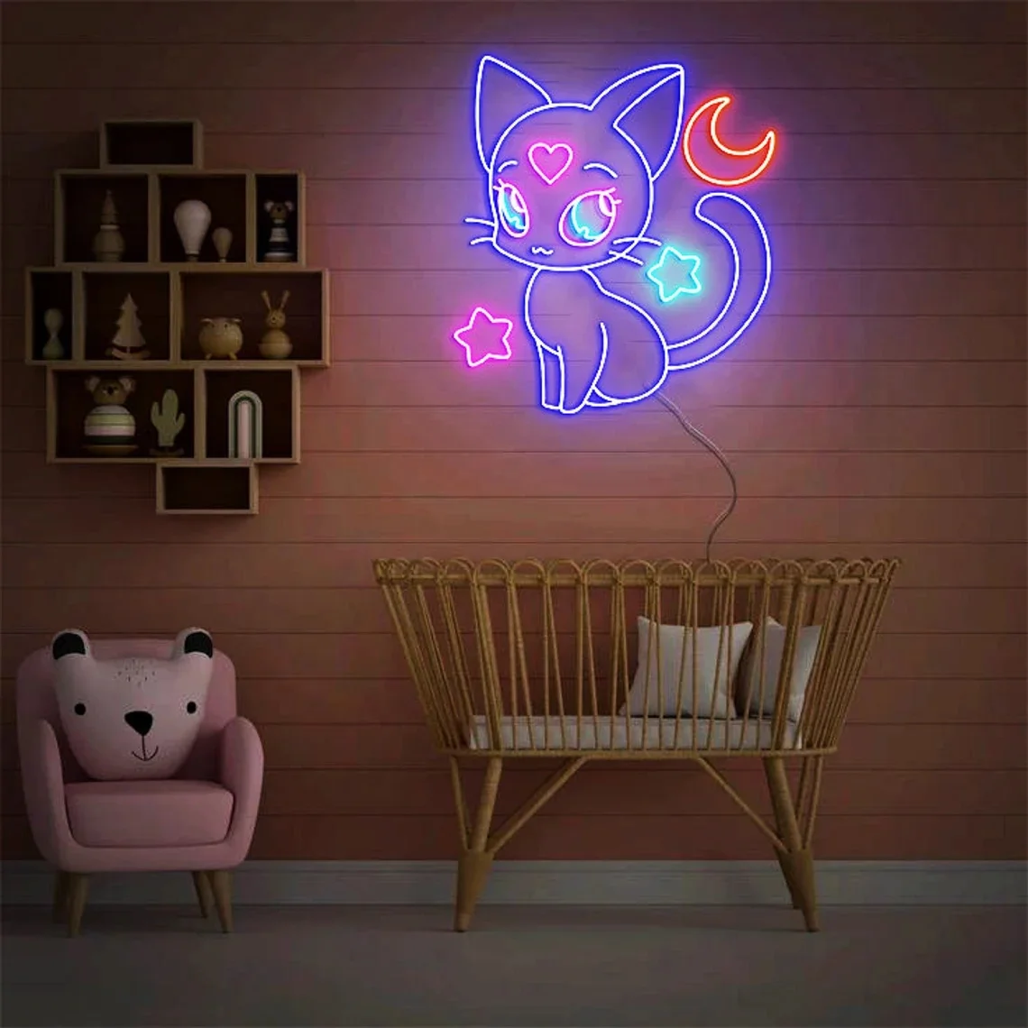 Неоновая вывеска в виде кошки с Луной и звездами Настенный декор для домашней