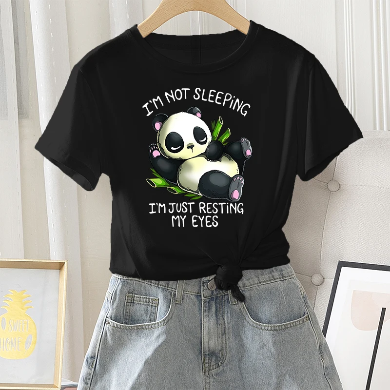 

Summer Casual T-shirt Women Graphic Fashion 100% Cotton Short Sleeve Letter Sleeping Panda Print Female Vintage O-Neck Tees Tops