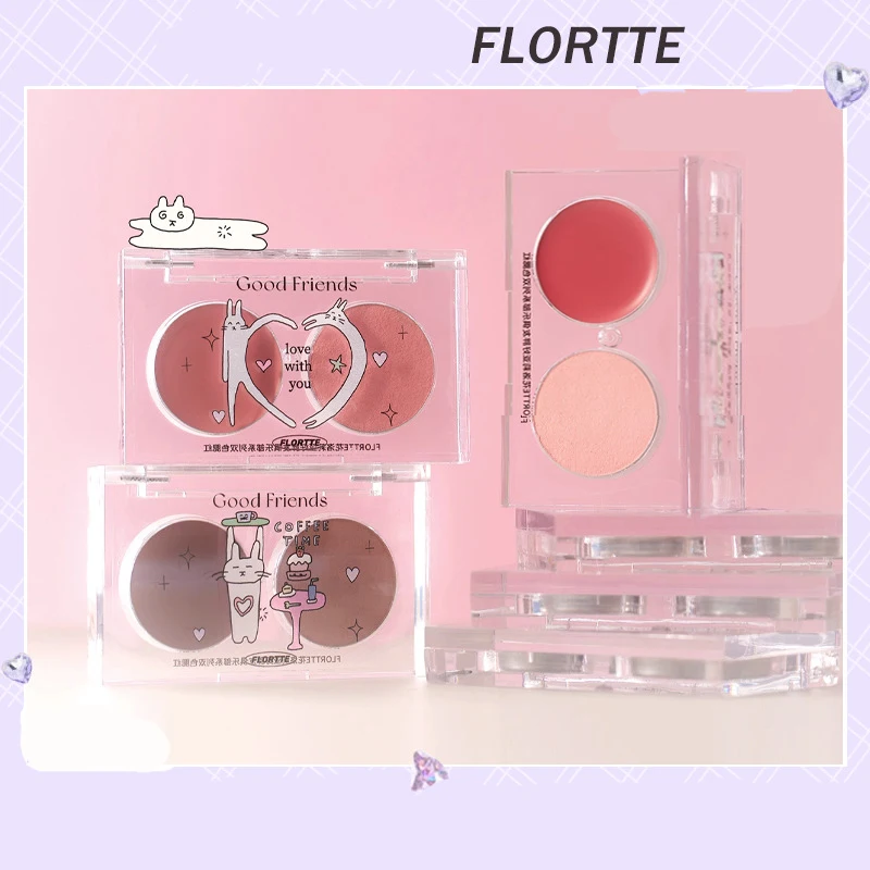 Двойные цветные пудровые румяна FLORTTE грязевые многофункциональные кремовые с