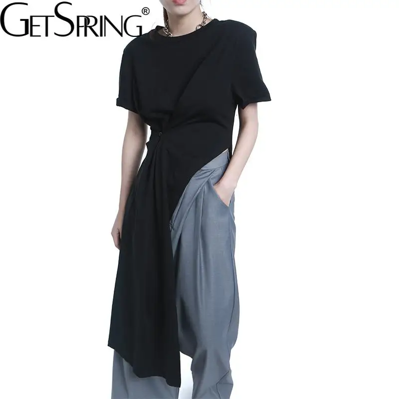 

GetSpring женская футболка с коротким рукавом, Хлопковая женская футболка, асимметричный подол, разрез, асимметричные свободные длинные футбол...