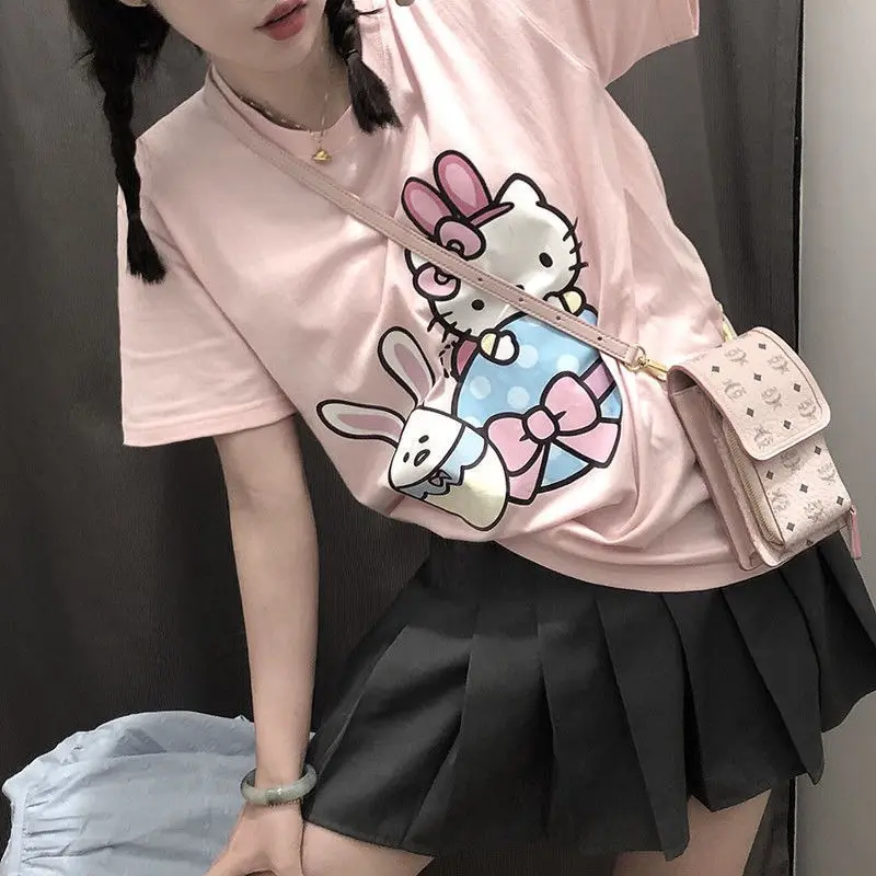 

Ins Summer New Cotton Short-Sleeved T-Shirt Cartoon Anime Hello Kitty Print Loose Comfortable All-Match Student Parity T-Shirt
