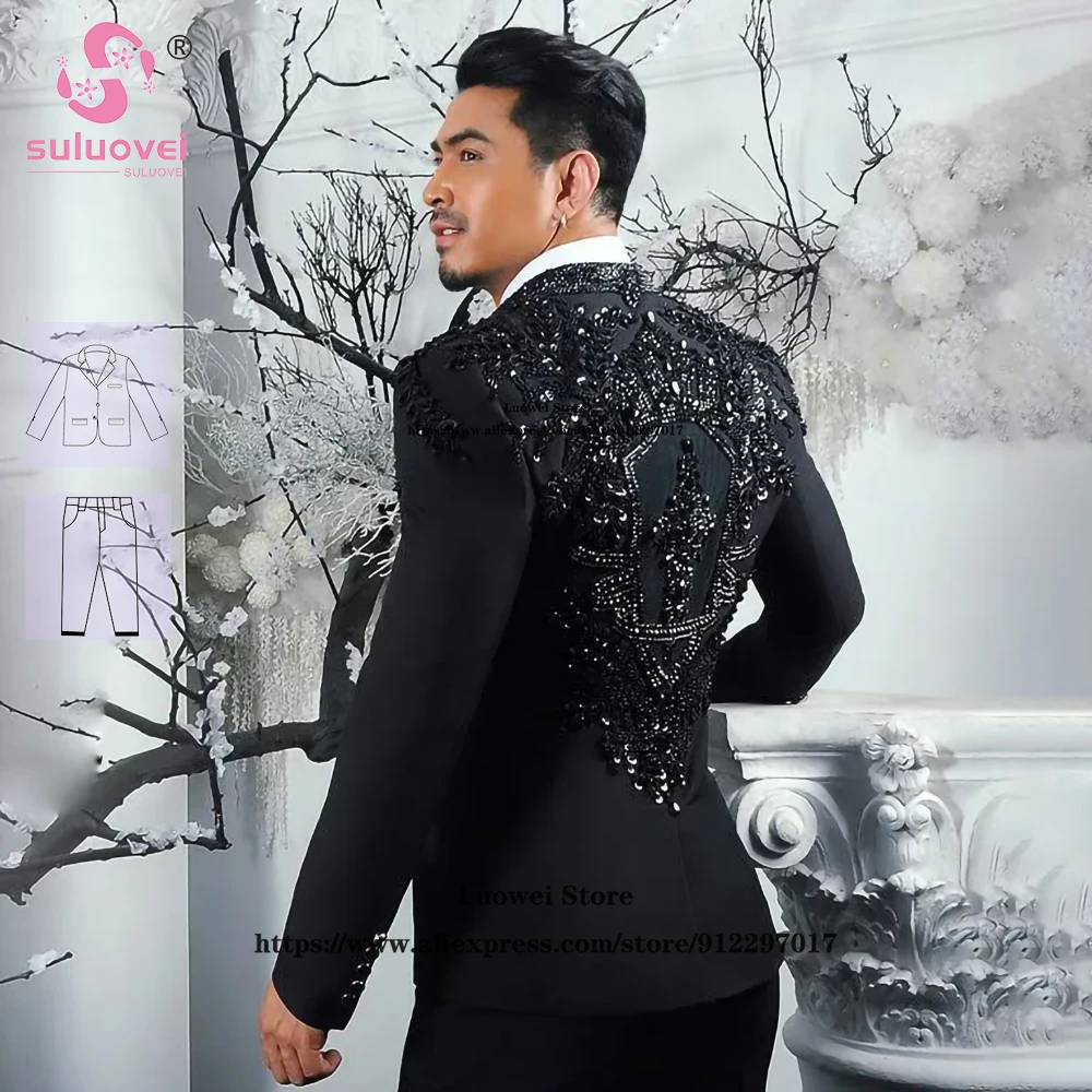 Luxury Shiny Beaded Applique Tuxedo Suits For Men Wedding 2 Piece Pants Set Customized Formal Groom Shawl Lapel Blazer Masculino