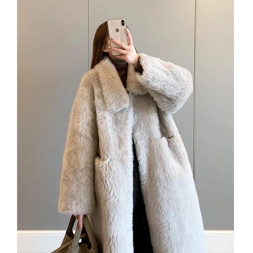 Lamb wool, sheep shearing coat, women's fur, women's medium length, loose