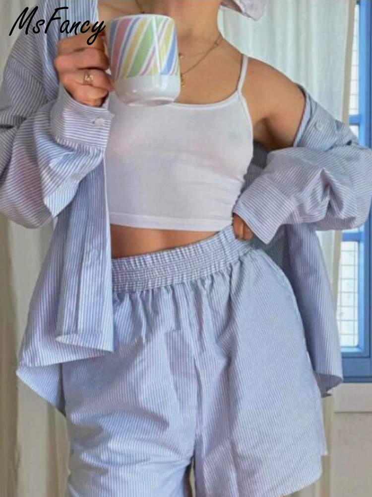 Рубашка Msfancy короткие комплекты женская рубашка с длинным рукавом пижама синие