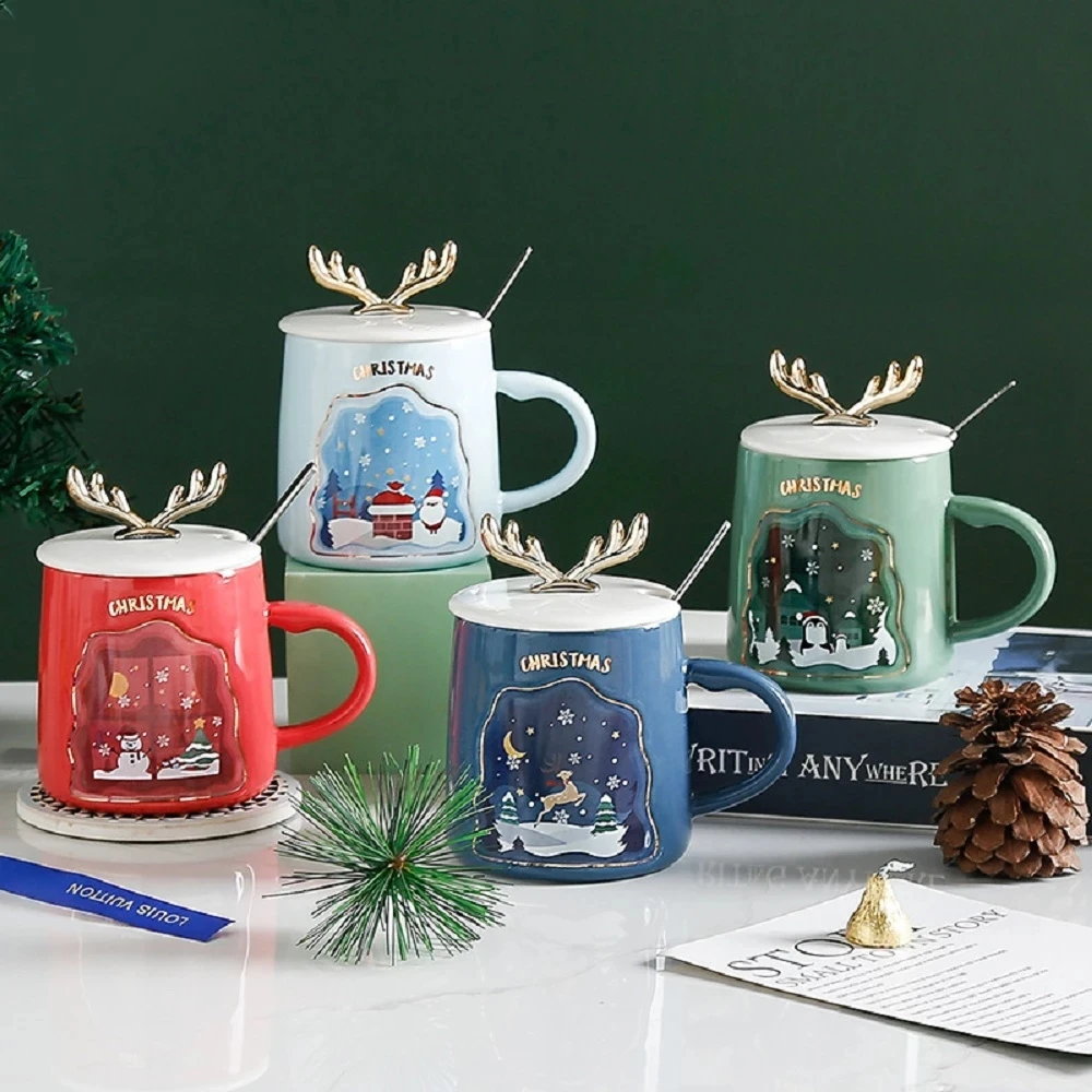 

Christmas Mugs Couples Ceramic Santa Claus Figurines With Lid And Spoon New Lid Design Holiday Style Office Home Milk Coffee Cup