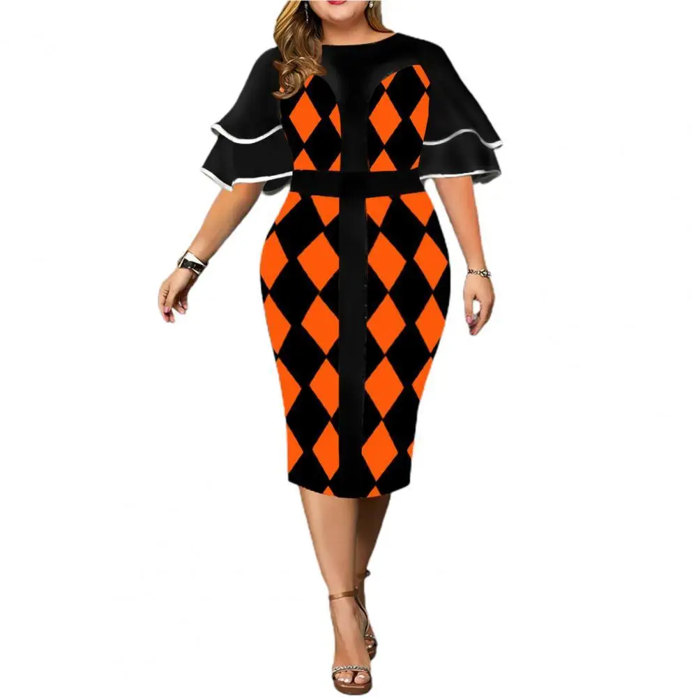 

Formal Midi Dress Plaid Layered Sleeve Geometric Pattern Hip Wrap Bodycon Dresses for Women 2022 Wedding