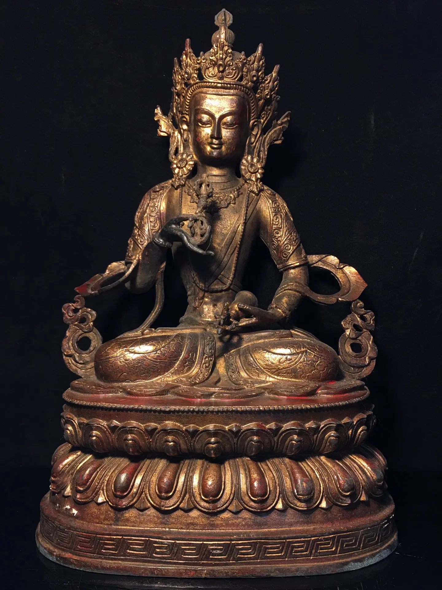 

15"Tibetan Temple Collection Old Bronze Cinnabar Muddy gold Vajrasattva Buddha Lotus Platform Worship Hall Town House Exorcism