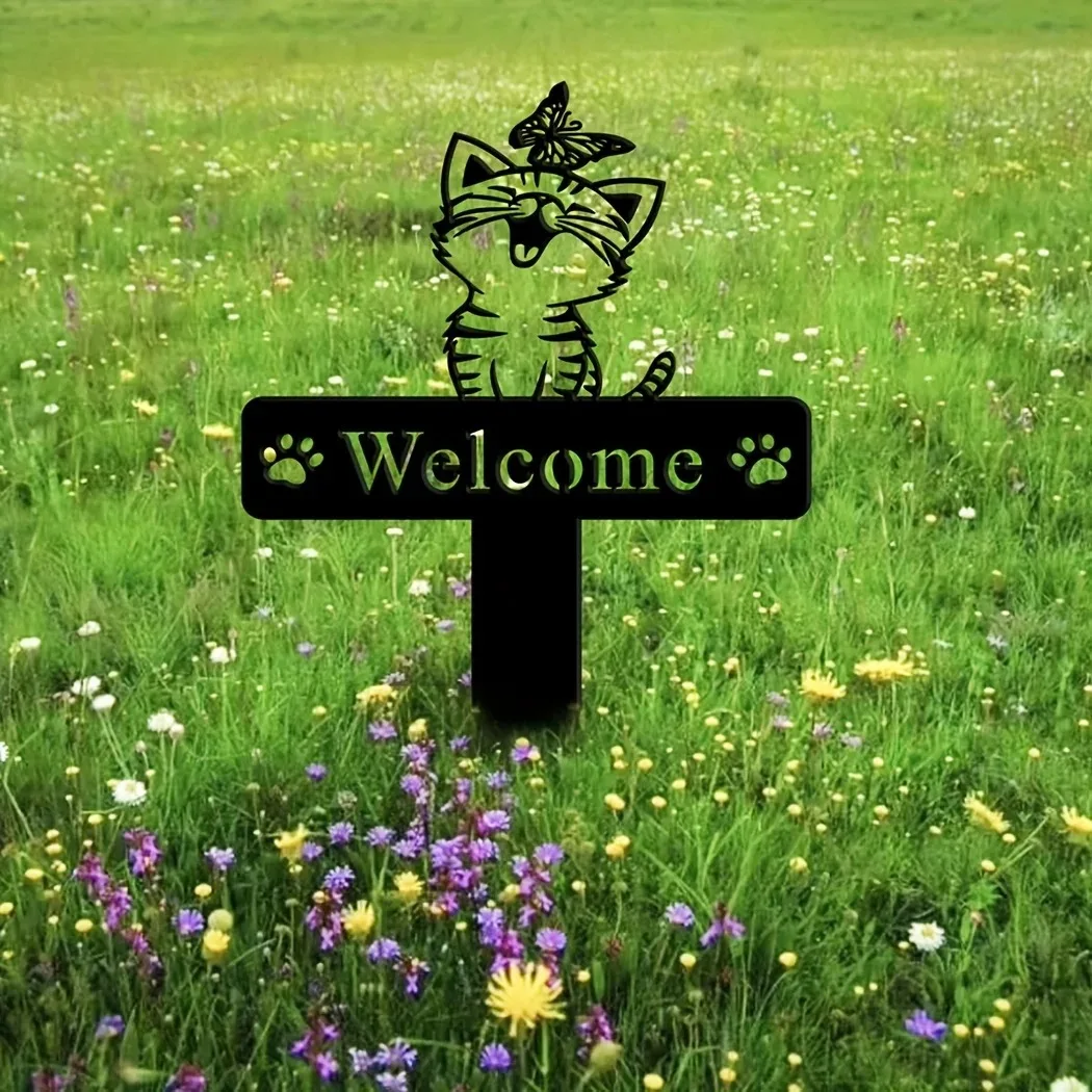 1 Шт. Металлический Садовый Кол Кошка С Бабочкой Мемориальный Маркер Именем Двор