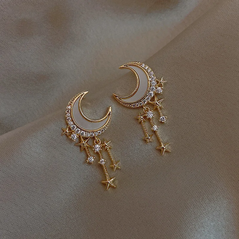 

925 Silver Needle Korean Earrings Star Moon Net Red New Trendy Fashion