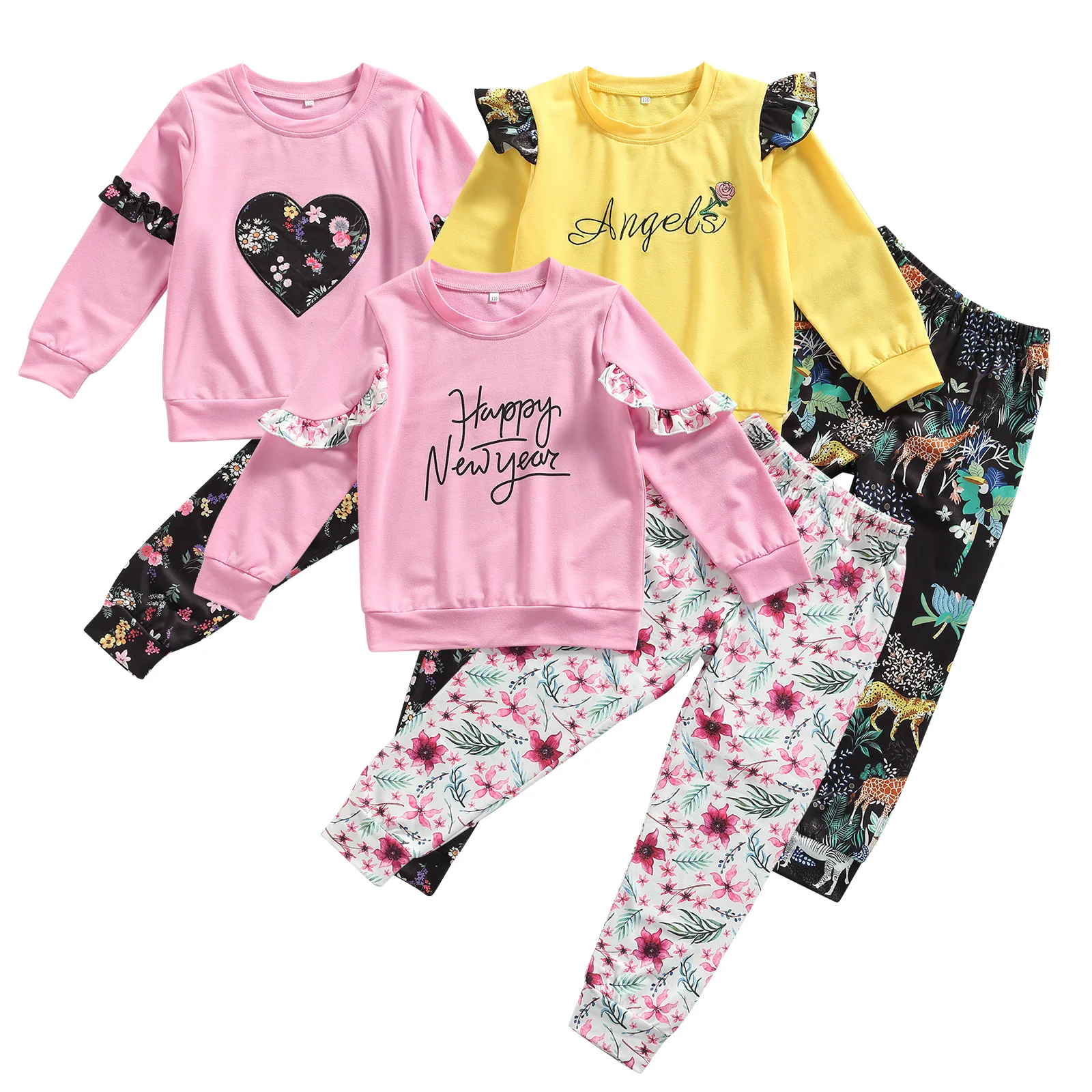 

Infant Kids Baby Girls Long Sleeve + Trousers, Happy New Year Flower Print Ruffle Decoration Spring Clothing 2022 New Fashion