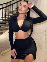 sexy long sleeve crop top shirts mini skirts black 2 piece sets women 2022 summer fashion high street party club outfits