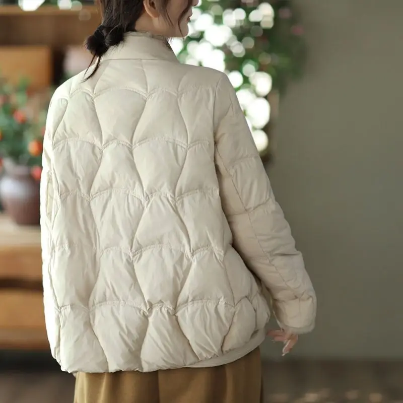 Down Jacket Women Winter White Duck Down Coat Mink Hair Stand Collar Snow Coat Rhombic Lattice Pockets Buttons Down Ladies M11