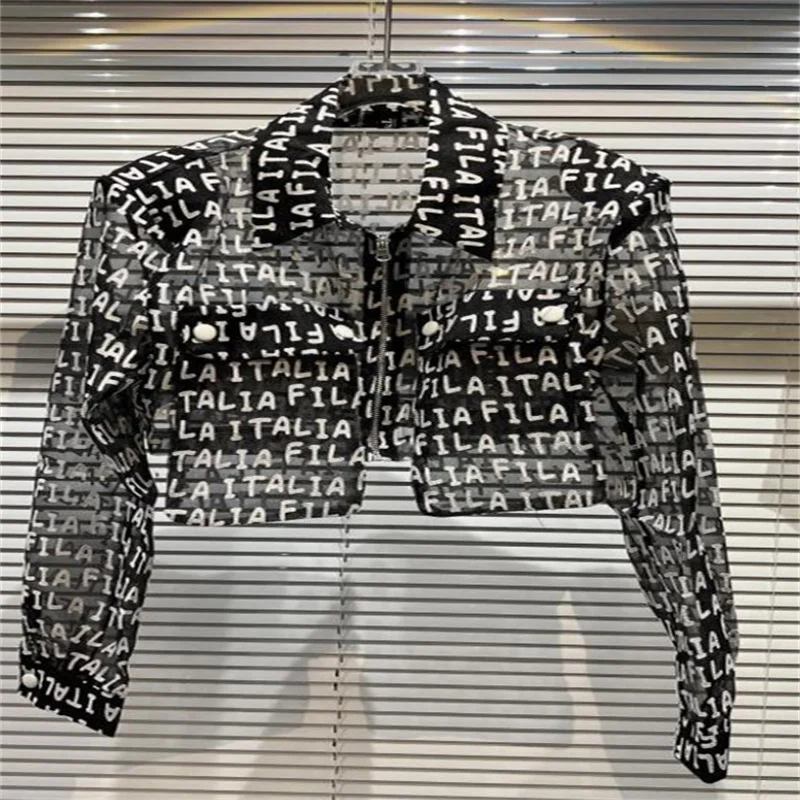 

2022 summer new style letters transparent mesh sunscreen shirt short coat top