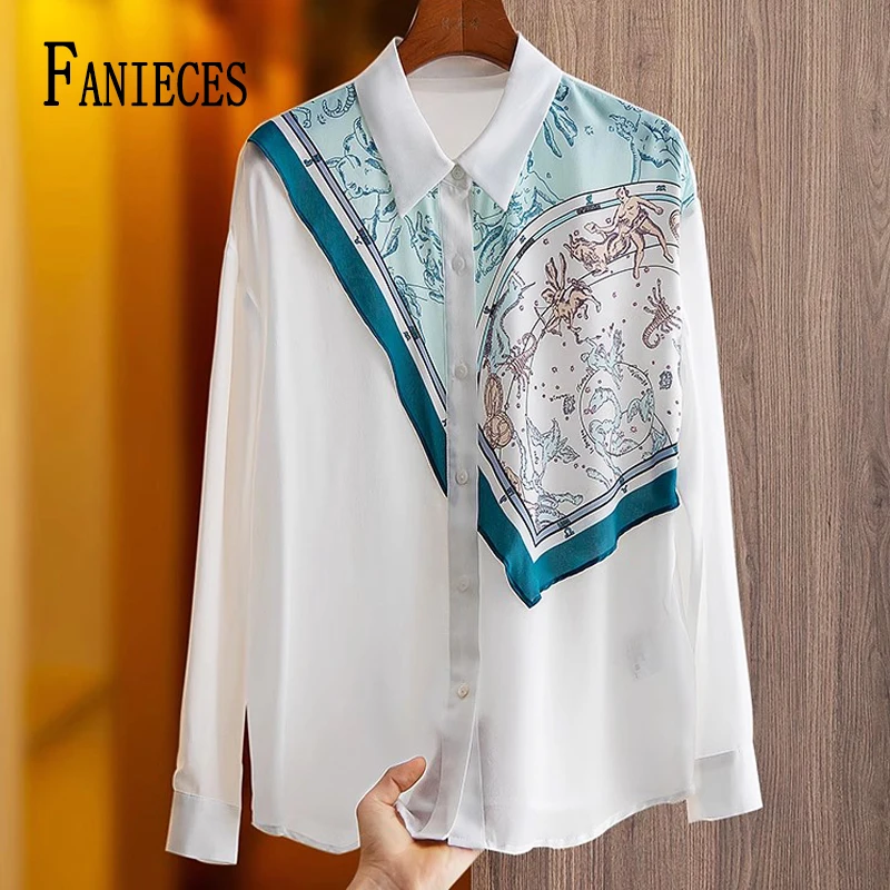 Шикарная шифоновая женская рубашка FANIECES в стиле пэчворк белые женские рубашки с