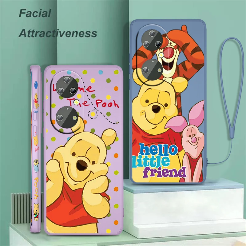 

Disney Winnie the Pooh Case Liquid Left Rope Phone For Huawei P50 P40 P30 P20 Pro Lite E Y9S Y9A Y9 Y6 Y70 Nova 5T Cover