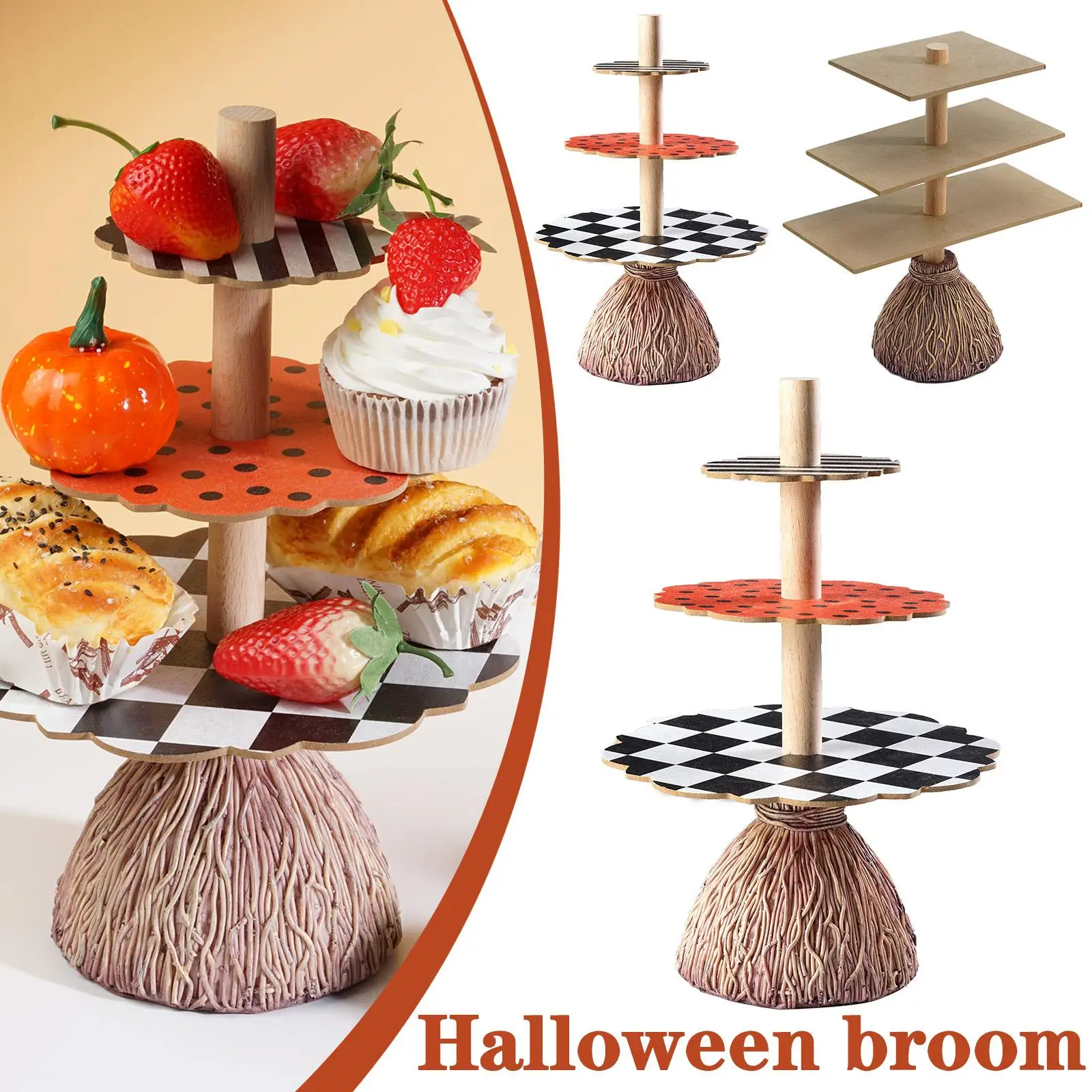 Halloween Creative Witch Broom Snack Tray Basket 3-Tiered Dessert Halloween Plates Snack Wood Server Bowl Stand Bread G8Y0