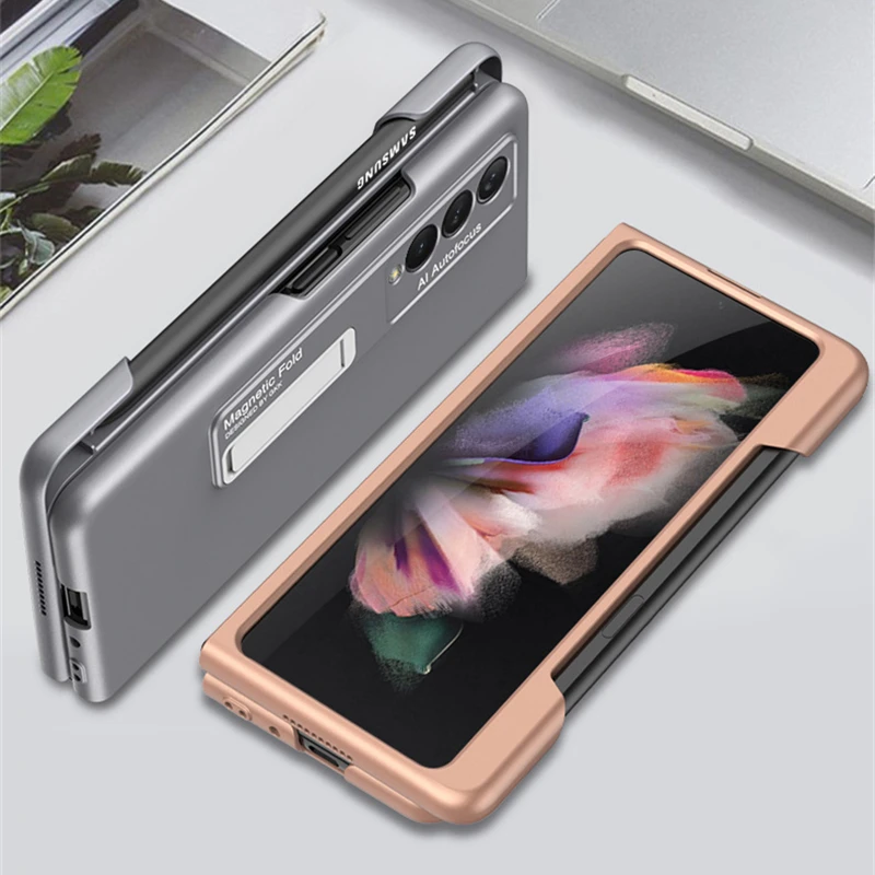 magnetic kickstand pen holder slot case for samsung galaxy z fold 3 case with mobile phone stylus pen matte hard pc cover free global shipping