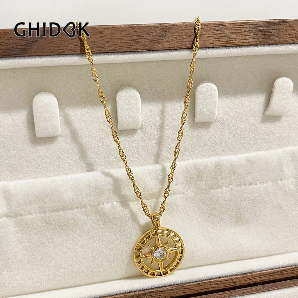 

Ghidbk Stainless Steel Water Wave Chain Clear Cz North Star Coin Pendant Necklace for Women Polaris Compass Necklaces Gifts
