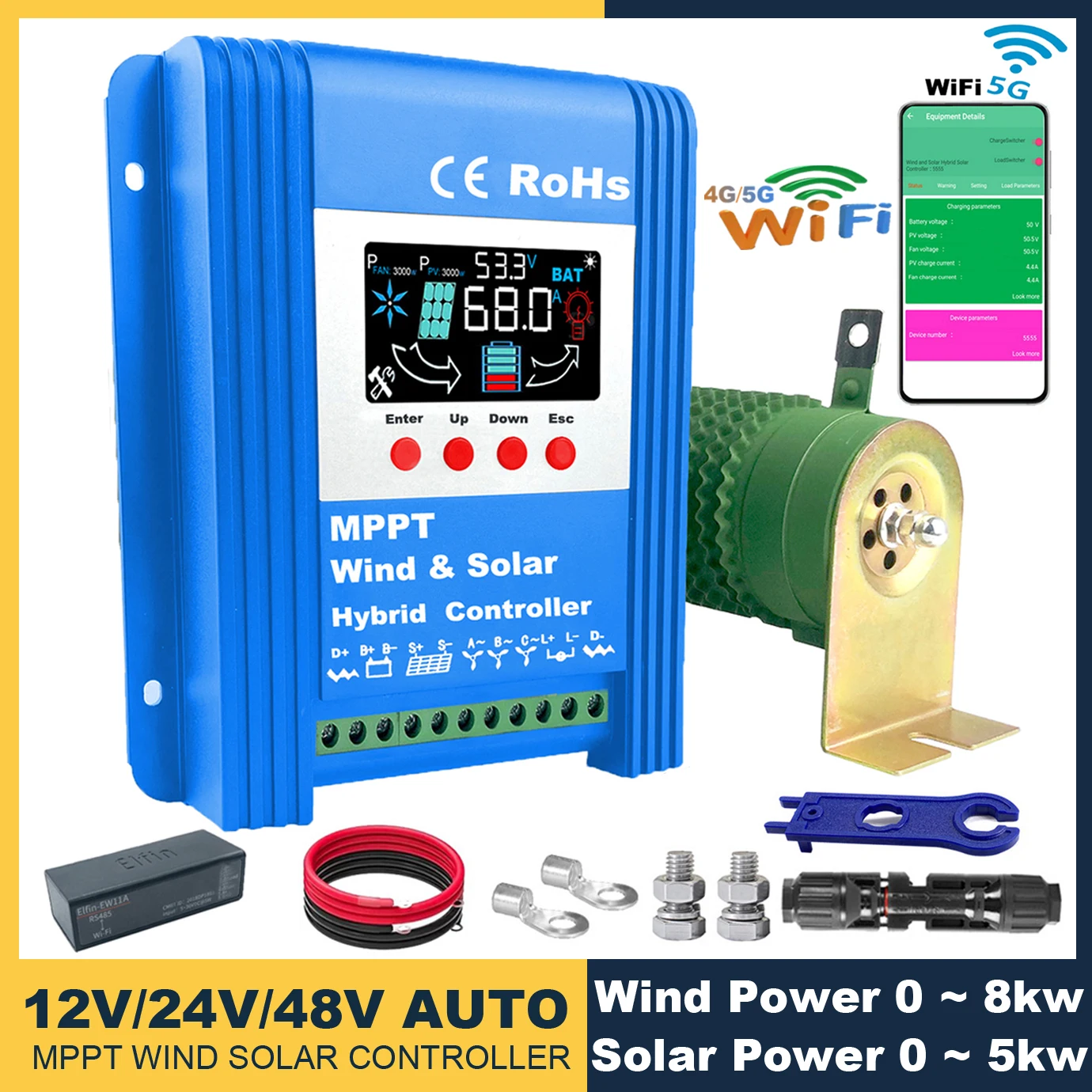 

12V 24V 48V 4K 5000W 8000W MPPT Hybrid Wind Solar Charge WIFI Booster Controller Regulator Lifepo4 Lithium Lead Acid GEL Battery