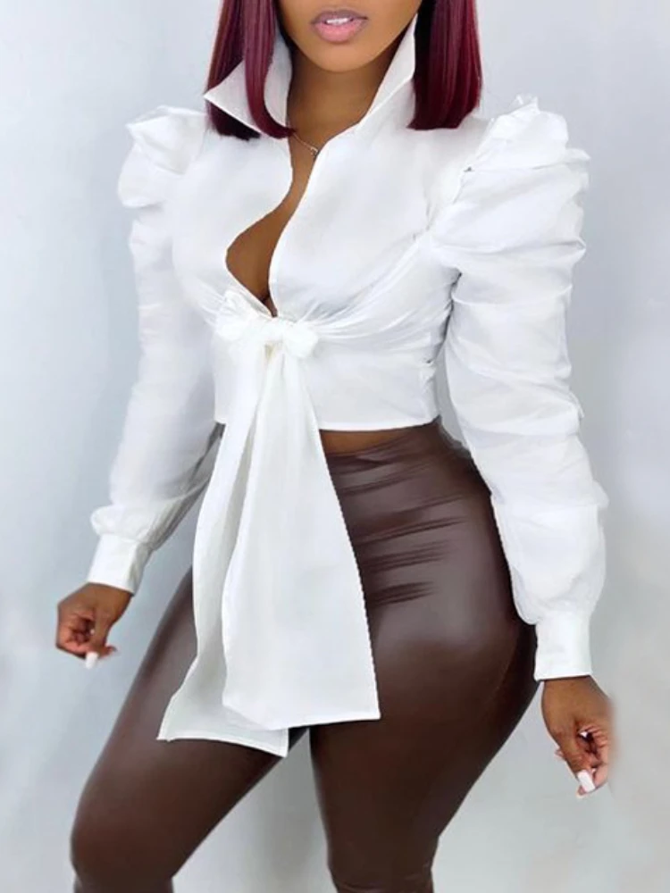 

Cropped Top Shirt for Women Button Up Shrug Long Sleeve Lace Up Cardigan Short Top Stylish Nightclub Casual Spring Summer Blouse
