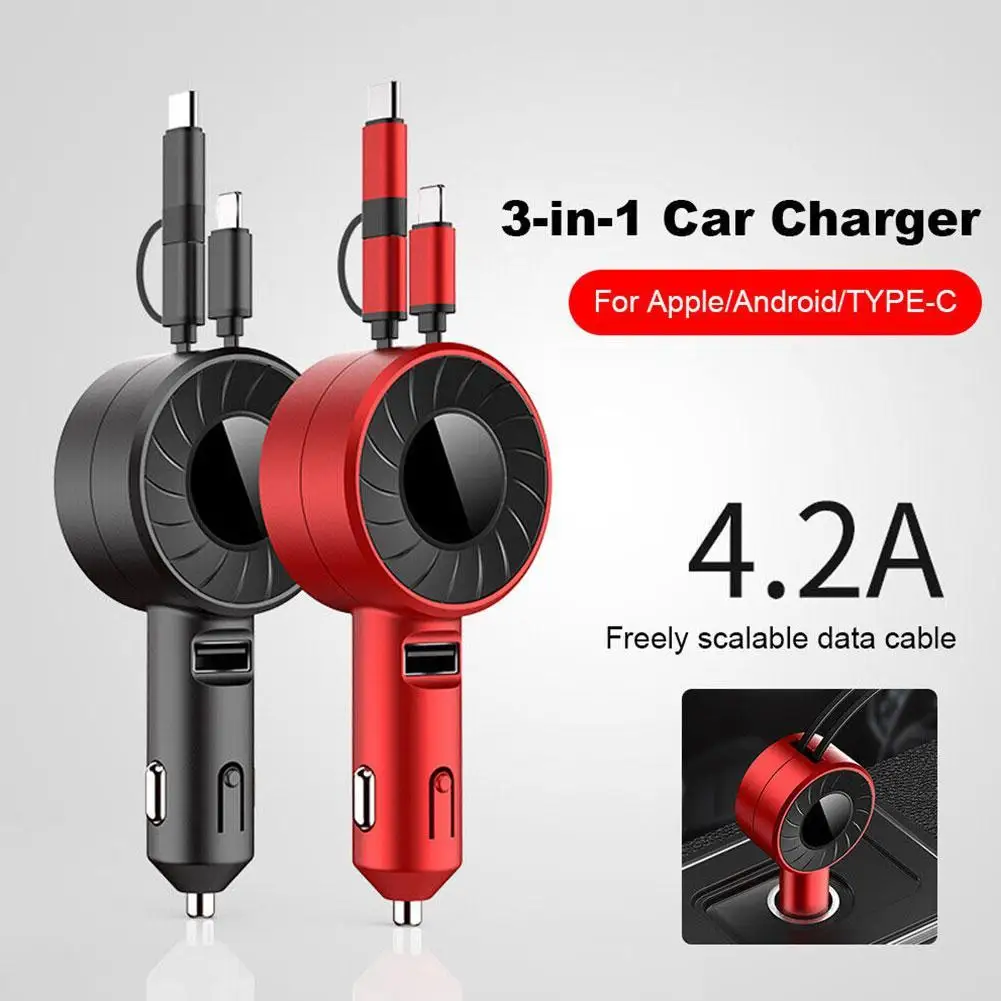 

3 in 1 Car Charger USB Cable Retractable Fast Charger Adapter USB Type C Car Quick Charger Micro USB for Samsung iPhone