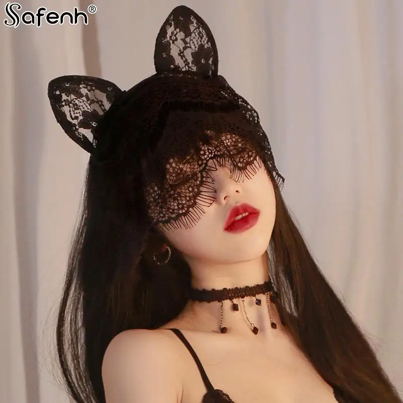 

Sexy Lace Cat Ears Veil Headbands Black Hairbands Eye Mask Anime Cat Girl Cosplay Hair Accessories for Women Girls Christmas