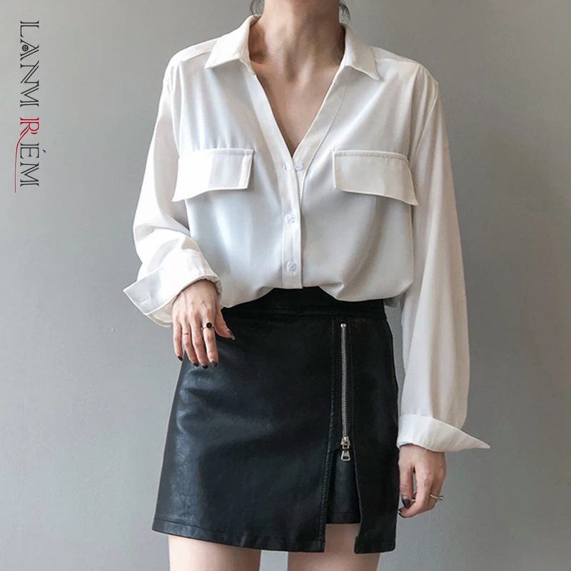 

LANMREM 2022 весенние Рубашки для женщин с отворотом и длинным рукавом, одноцветная однобортная Асимметричная рубашка с подолом, Женская мода 2J805