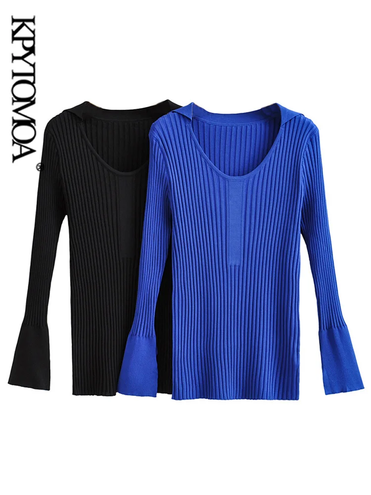 

KPYTOMOA Women Fashion Fitted Knit Sweater Vintage Long Sleeves With Slit Female Pullovers Chic Tops