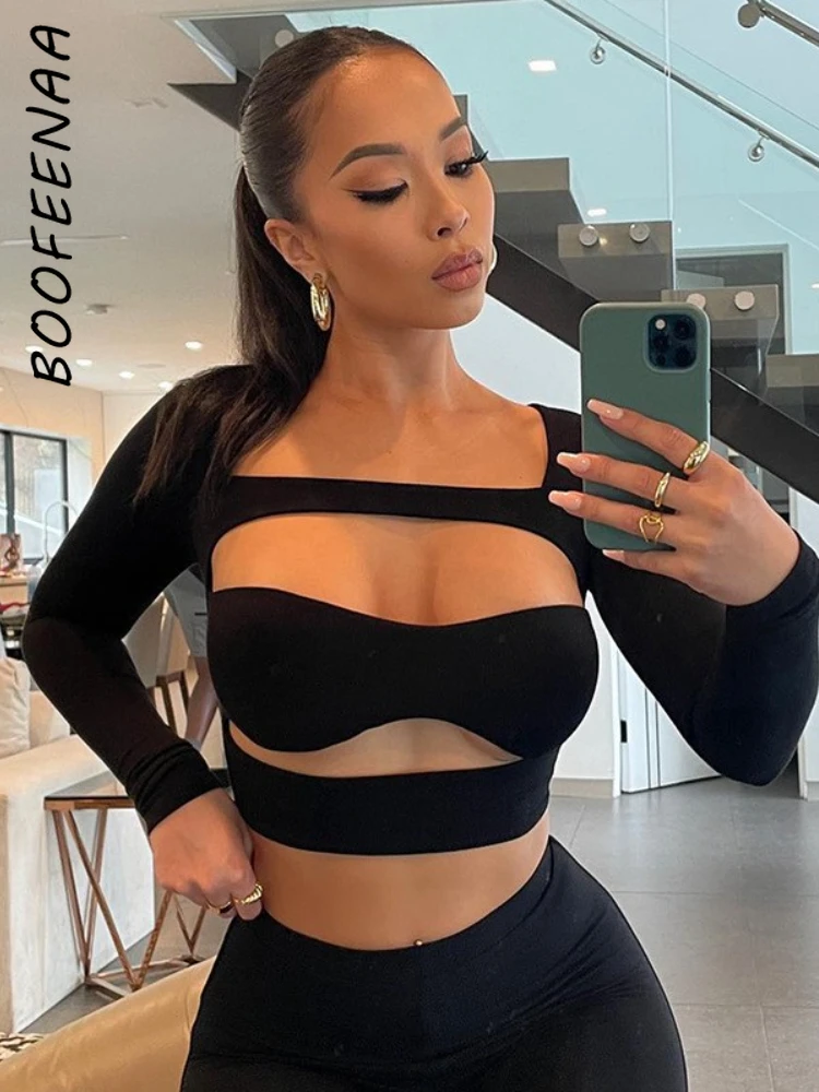 

BOOFEENAA Trendy Hollow Cut Out Cropped Tops Streetwear Women Sexy Black Long Sleeve Tight T-shirts Autumn 2022 C85-BH16