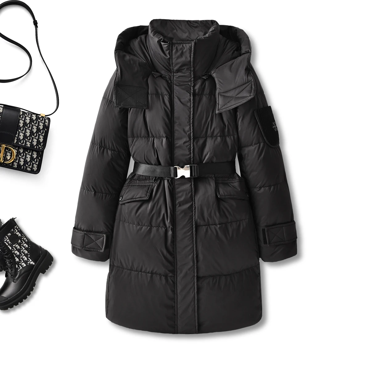 New Casaco Feminino  90%  White Duck Down  Long  Abrigo Mujer  Zipper  Wide-waisted  Adjustable Waist  Hat Detachable