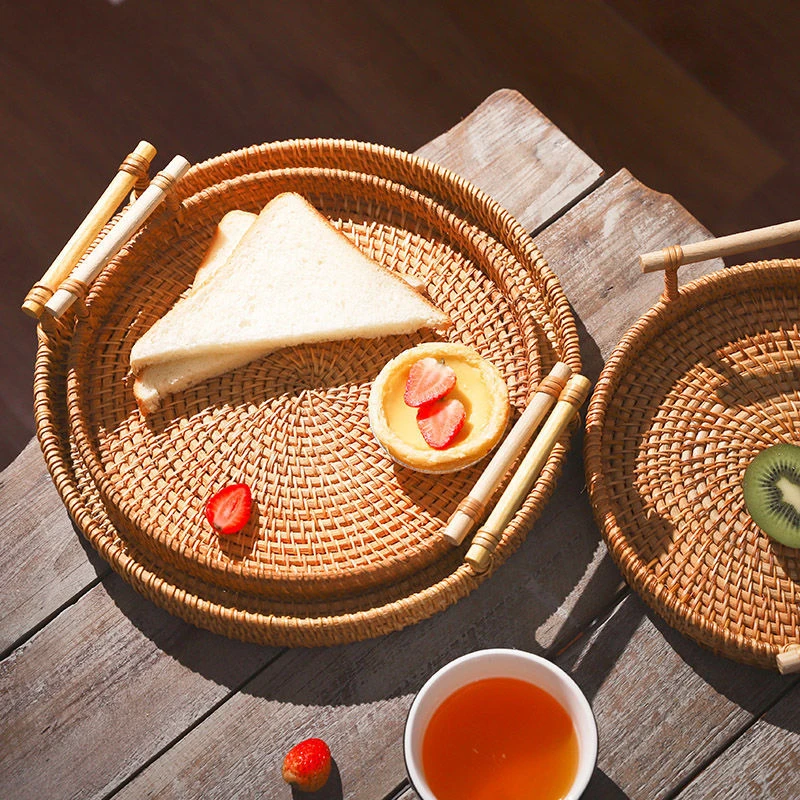 

With Handle Handmade Rattan Woven Tray Table Storage Box Bread Fruit Cake Snack Coffee Disc Living Room Household Storage Basket