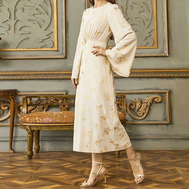 

Court Print Summer Women Dress Round Neck Beac High Waist Dresses Loose Fit Full Sleeves Vestidos Woman Clothes 2022