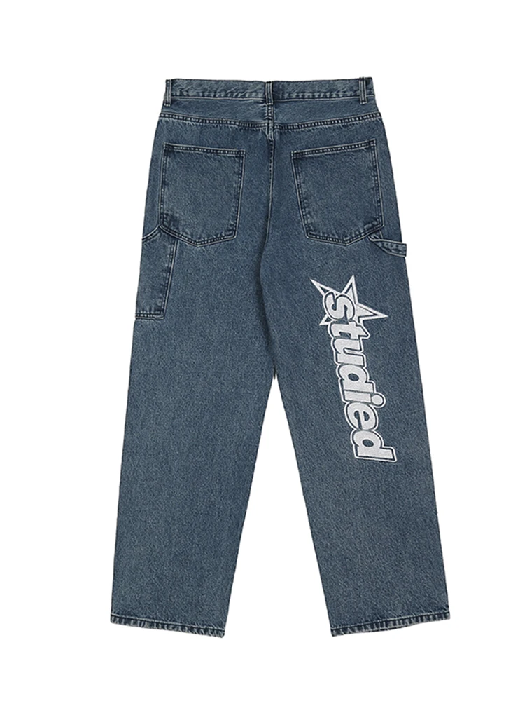 Men Pants Loose Jeans Street Clothing Retro Hip Hip Hip -hop Alphabet Embroidered Jeans Loose Straight Leg Pants Wide Leg Pants