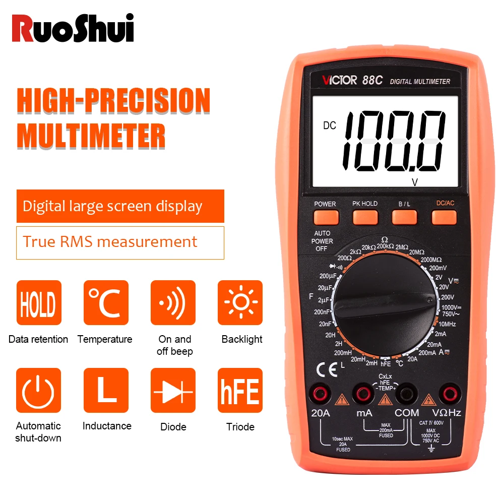 Victor 88c Multímetro 2000mo Resistência Indutância 20h Grande Display Lcd Rms Verdadeiro 1000v 20a ac dc com Freqüência de Temperatura