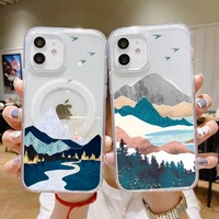 sunrise mountains phone case for iphone 13 12 11 mini pro max transparent super magnetic magsafe cover