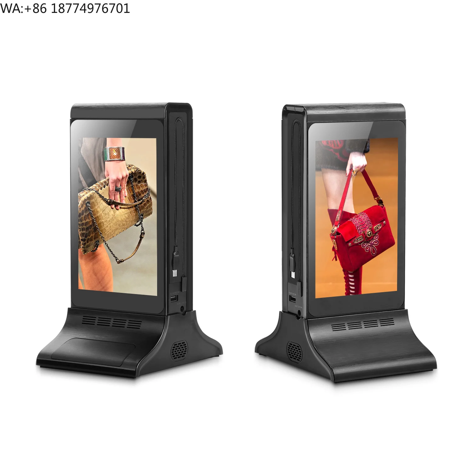 Фото Цифровой рекламный плеер для Android с двумя 7-дюймовыми LCD-экранами, длительным временем автономной работы, NFC-оплатой и управлением рекламой №1