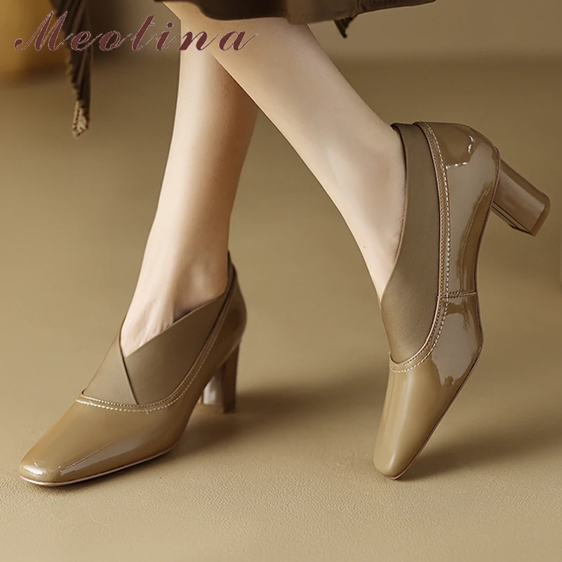 Meotina Women Genuine Leather Square Toe Thick High Heels Splicing Fashion Pumps Ladies Spring Autumn Shoes Black Apricot