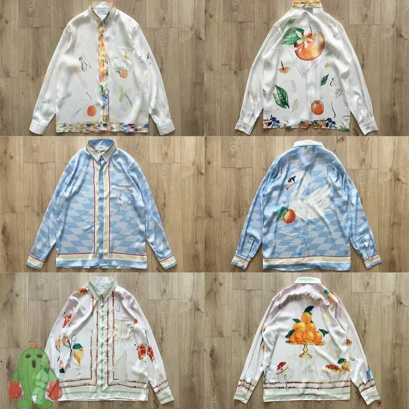 

23ss High Quality Orange Print Casablanca Shirt Loose Hawaii Beach Soft Long Sleeve Shirts for Men Women