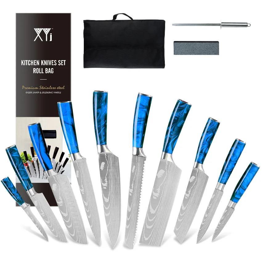 

Набор ножей из нержавеющей стали, комплект из 10 кухонных приборов, лезвия с лазерным узором, японские шеф-ножи с синей полимерной ручкой