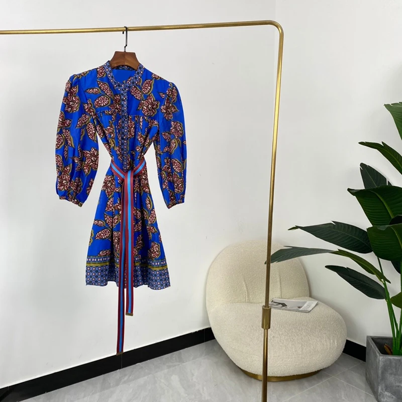 

2021 Autumn Hot Sale Vintage Blue Loose Leaf Print Three Quarter Sleeve Women Cotton Dresses