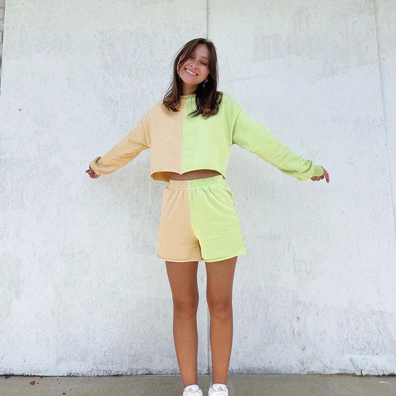 

Ladies Two Piece 2021 New Autumn Women's Clothing Contrast Color Piece Long Sleeve Top and High Waist Shorts Casual Suit
