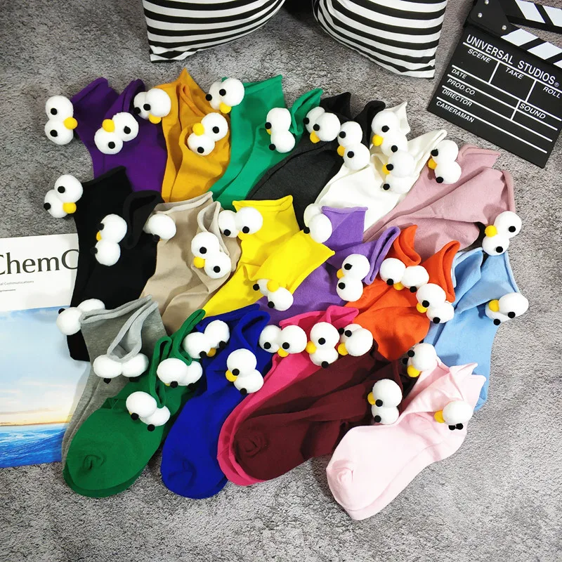 

2022 3D Big Eye Socks Women's Sesame Street Candy Color 200 stitch Cotton Mid-tube Soft Cute Funny Ankle socks
