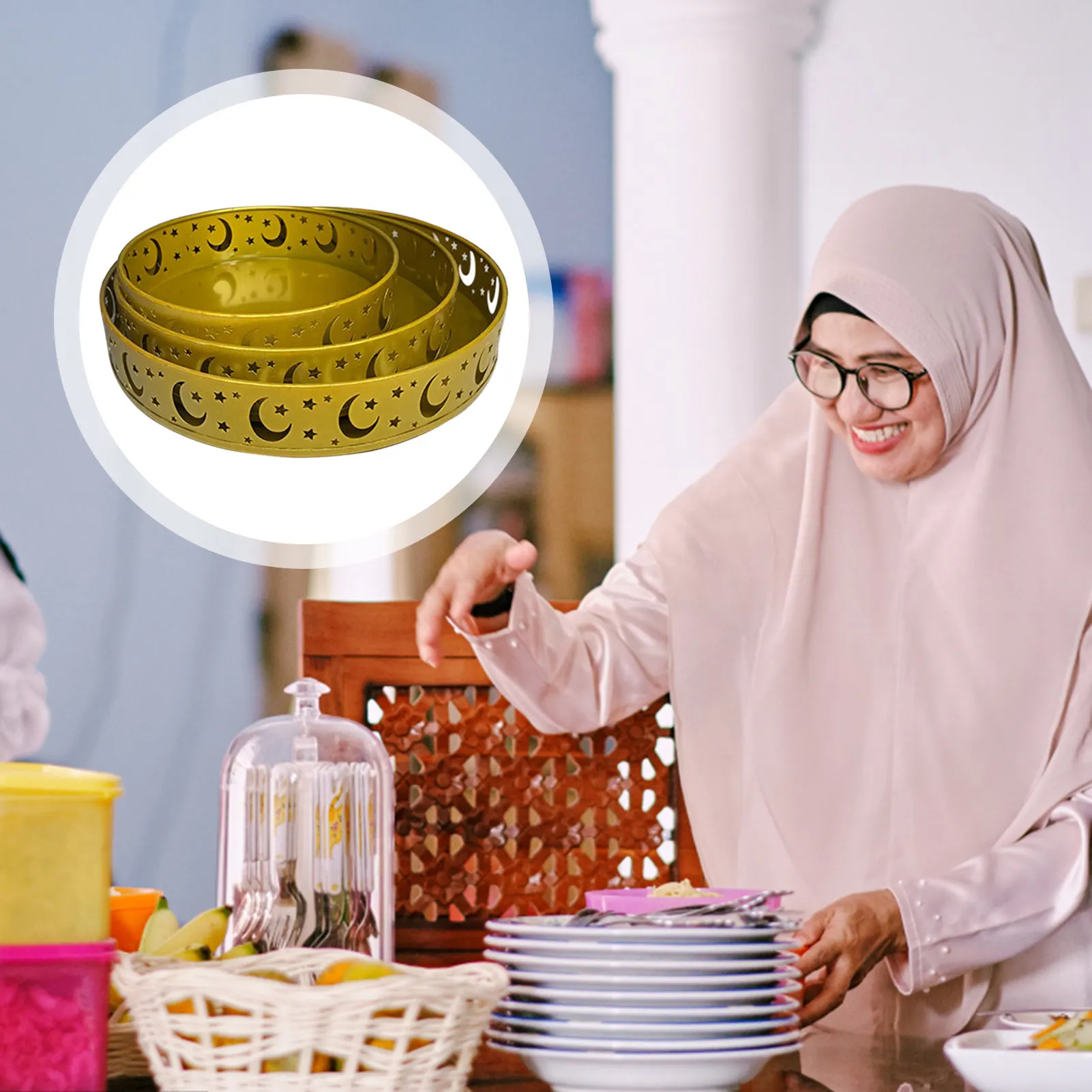 

3pcs Ramadan Kareem Serving Trays Eid Mubarak Moon Star Food Storage Containers Islam Muslim Iron Dessert Holder For Eid Al-Adha